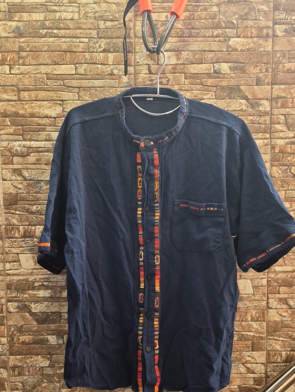 Men's Navy Short-Sleeve Button-Front Shirt with Patterned Trim